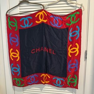 CHANEL Red and Multicolor Logo Scarf